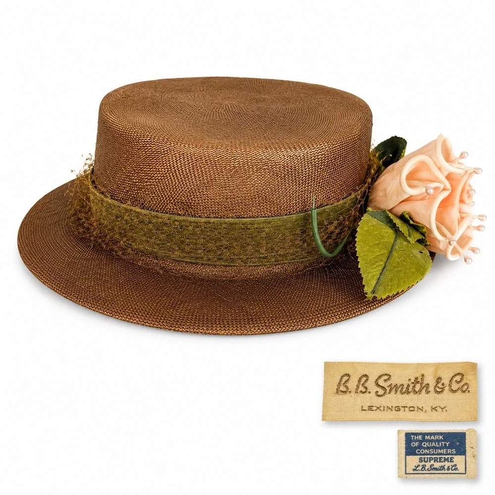 Vintage B.B. Smith & Co Bronze Woven Straw Boater Hat Floral Pearl Trim Kentucky